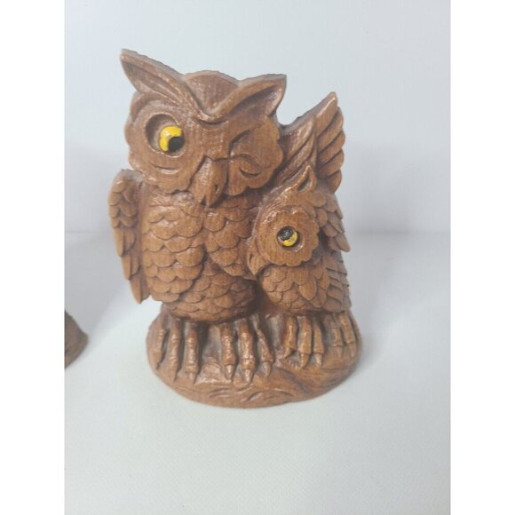 Vintage Brown Carved Wood Owl Bookend Set of Two Rustic Decorative - Picture 2 of 6